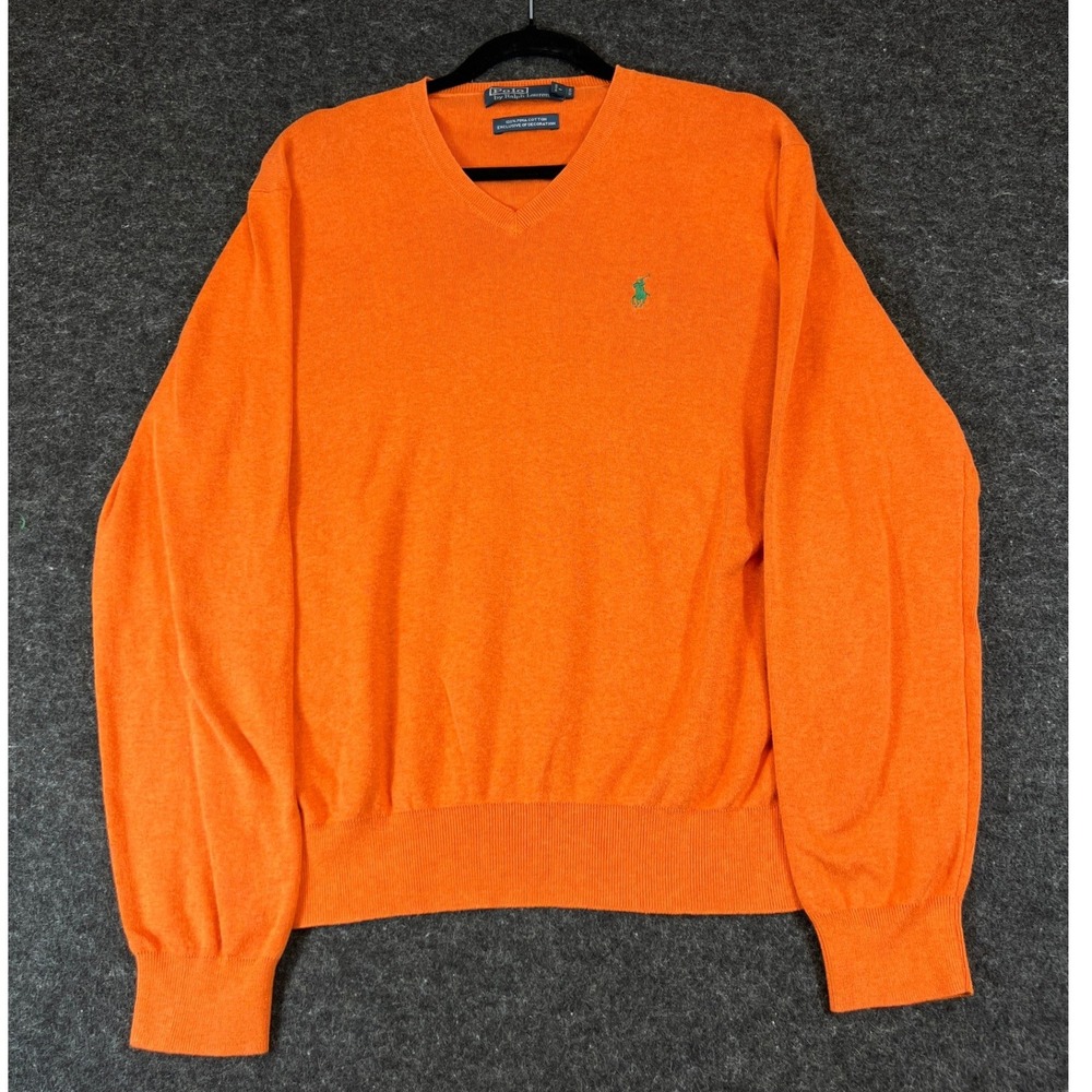 Polo Ralph Lauren Sweater Mens Large Orange Pony Pima Cotton Vneck Minimalist